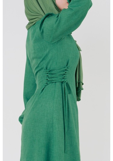 Yanı Bağcıklı Keten Elbise-yeşil-3369-kiremit Kiremit