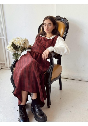 Retrobird Mandy Uzun Midi Boy Jile Elbise Kadın Kiremit-13651 Kiremit