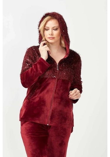3239 Tam Kalıp Pullu Saçaklı Tarz Kapşonlu Kadife Eşofman Takımı Bordo