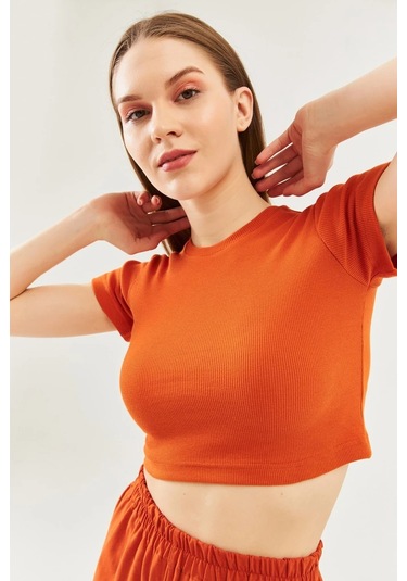 Kadın Kısa Kol Bisiklet Yaka Vücuda Oturan %100 Pamuklu Kaşkorse Esnek Crop Bluz Kiremit