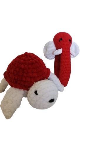 El Yapımı Kırmızı Çıngıraklı Set Fil Ve Kaplumbağa %100 Pamuk, Bebekler İçin Güvenli Beyaz - Kırmızı