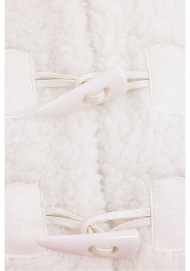 Kapüşonlu Düğmeli Peluş Mont - Kadın Beyaz