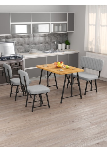 Hayat 70x110 Atlantik Mutfak Masası, Mutfak Masası Takımı, Yemek Masası, 2 Sandalye 1 Bench - Açık Gri Açık Gri