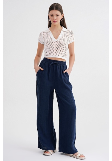 4286 Kadın Bol Paça Beli Lastikli Müslin Palazzo Pantolon Lacivert Lacivert