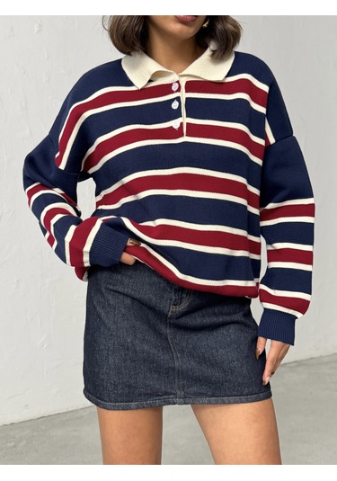 Kadın Polo Yaka Çizgili Triko Kazak Lacivert