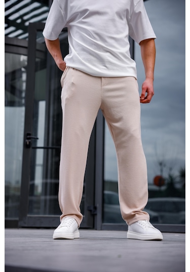 Erkek Bej Renk Burgu Desen Örme Kumaş Baggy Pantolon-1753 Bej