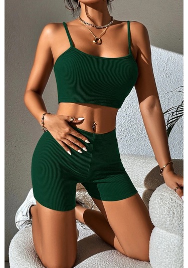 Kadın Yeşil Şortlu Kaşkorse Gecelik Takım Çok Renkli