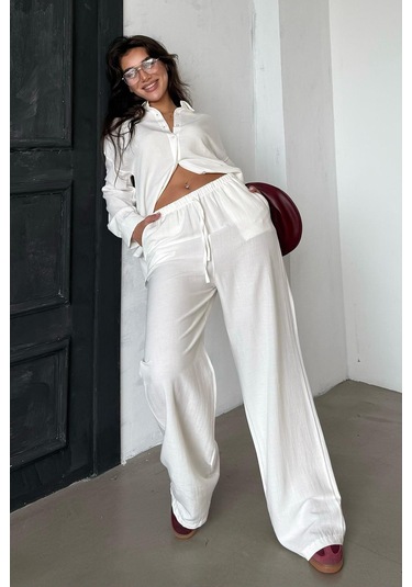 Madmext Ekru Keten Kadın Gömlek Pantolon İkili Takım Mg2356 Ekru