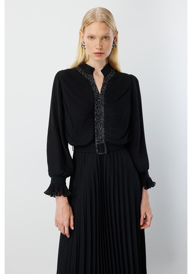 Moda İlgi Kadın Ön Bedeni Taşlı Piliseli Elbise 0060 Siyah Siyah