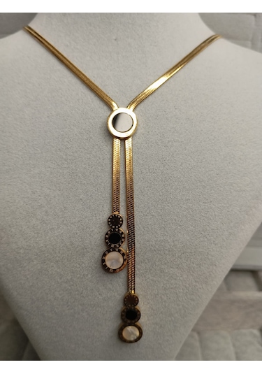 Siyah-beyaz Mineli Gold Renk Kolye Gold