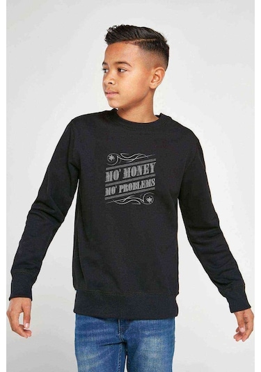 No Money No Problem Baskılı Unisex Çocuk Siyah Sweatshirt Siyah