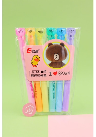 Ayıcık Figürlü 6'lı Fosforlu Kalem Seti Çok Renkli