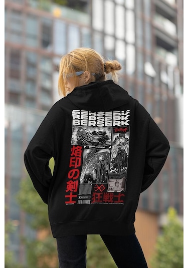 Sevbano Berserk Baskılı Unisex Oversize Anime Hoodie Siyah