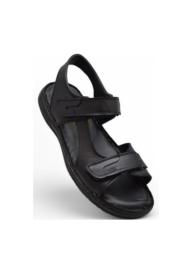 088 Topuk Jelli Tam Ortopedik Taban Hakiki Deri Erkek Sandalet Cırtlı Sandalet Siyah