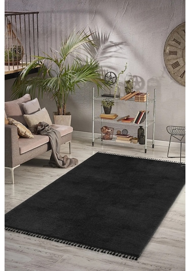 Vl Comfort Puffy Ponpon Saçak Peluş Yıkanabilir Siyah Yolluk Düz Ponpon Siyah