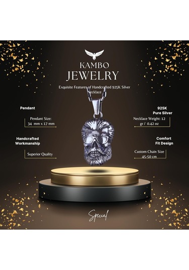 925 Ayar Gümüş Sakallı Kafatası Kolye, Gözlük Takmış El Yapımı Kafatası Pendenti, Cesur Erkek Takısı Gümüş