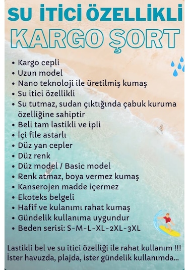 Haki Kargo Cepli Uzun Model Su İtici Özellikli Düz Renk Erkek Plaj Deniz Şort - 444-haki 001