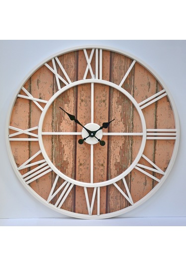 Otantik Ferforje Metal Ahşap Eskitme Duvar Saati 76Cm Ahşap