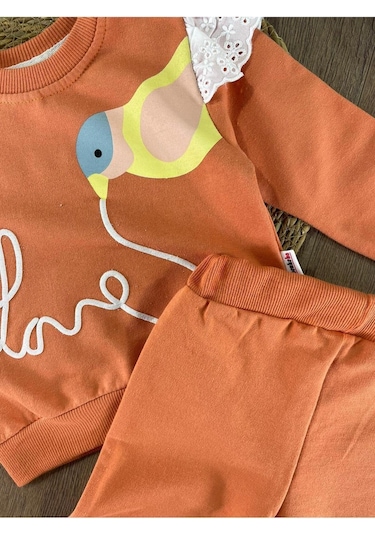 Omuzda Dantel Detaylı Kuş Baskılı Takım Turuncu