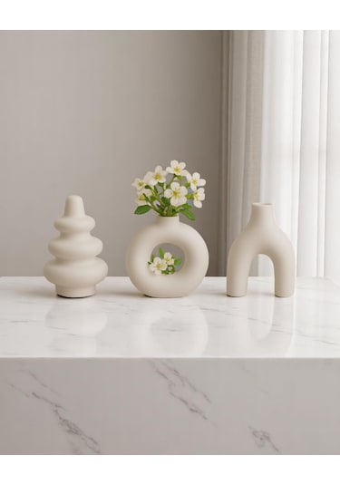 3 Lü El Yapımı Dekoratif Vazo Seti Beyaz