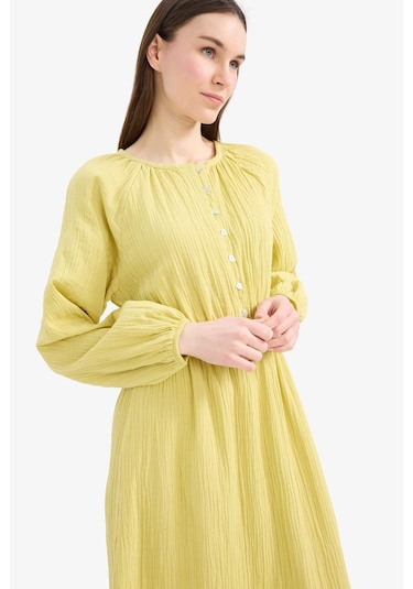 DeFacto Relax Fit Bisiklet Yaka Müslin Uzun Kollu Maxi Tesettür Elbise D0570AX25SMGN730