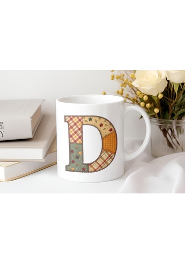 D Harfi Sonbahar Kış Temalı Yamalı Tasarım Kupa Bardak - Etnik Ve Pathwork Severlere Özel Hediye Beyaz