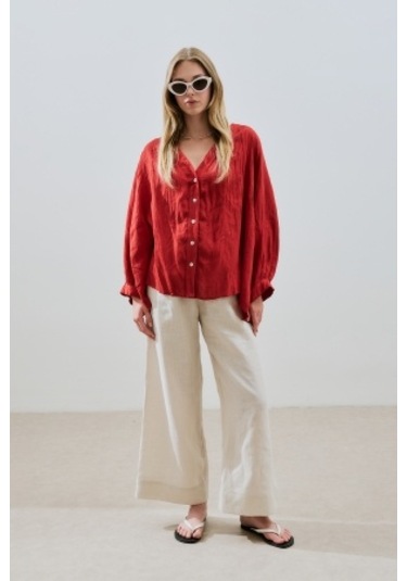 Keten Krushlı Düğmeli Bluz Kırmızı Kırmızı