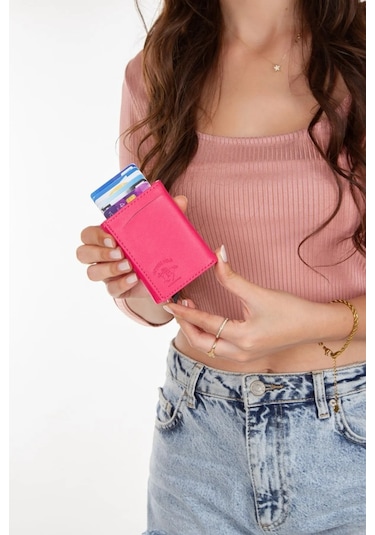 Tuldar Erkek Rfıd Otomatik Çekim Koruyucu Mekanizmalı Kağıt Para Bölmeli Hediyelik Kartlık Cüzdan Tul605 - Pembe