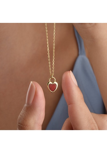 14 Ayar Mikron Altın Kaplama Renkli Mine Kalp Kolye Turkuaz, Kırmızı, Opal -cne00139 Altın