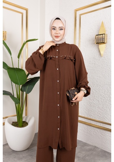 Ayrobin Kumaş İnci Detaylı Takım / T105 - Kahverengi Kahverengi