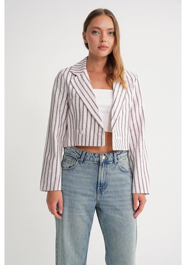 4641 Kadın Keten Çizgili Crop Ceket Bordo Bordo