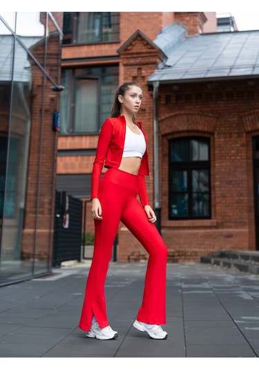 Kırmızı Yırtmaçlı İspanyol Paça Spor Tayt Kırmızı