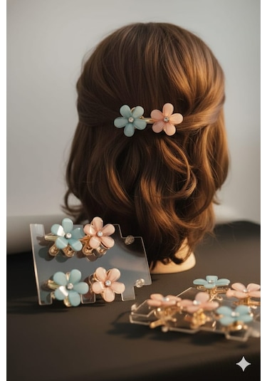 Çiçek Şeklinde Metal Toka, Metal Klipsli Renkli Çiçek Toka 4 Adet Mavi - Pembe