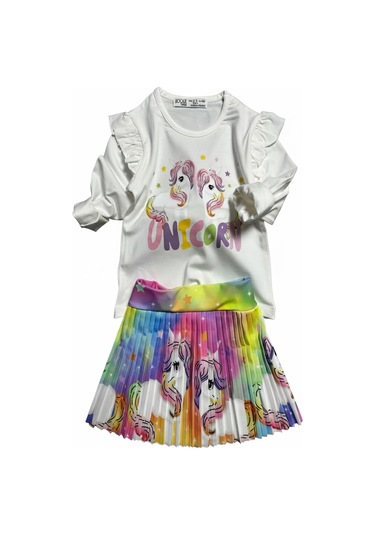 Unicorn Desenli Renkli Kız Çocuk Etekli Takım Kahverengi