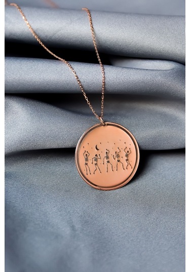 925 Ayar Gümüş Rose Kaplama Cadılar Bayramı, İskelet Dansı Çizimli Plaka Kolye