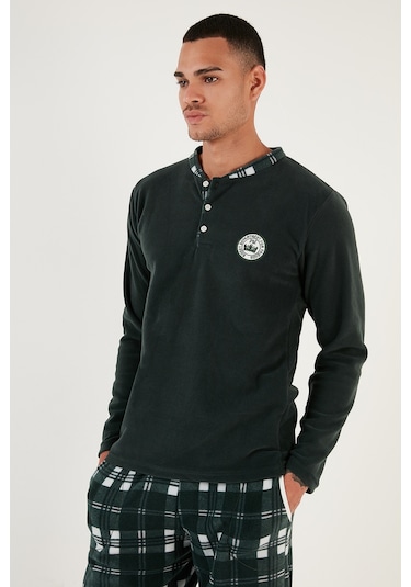Buratti Ekoseli Regular Fit Düğmeli Bisiklet Yaka Kışlık Polar Erkek Pijama Takımı 60961002 Yeşil