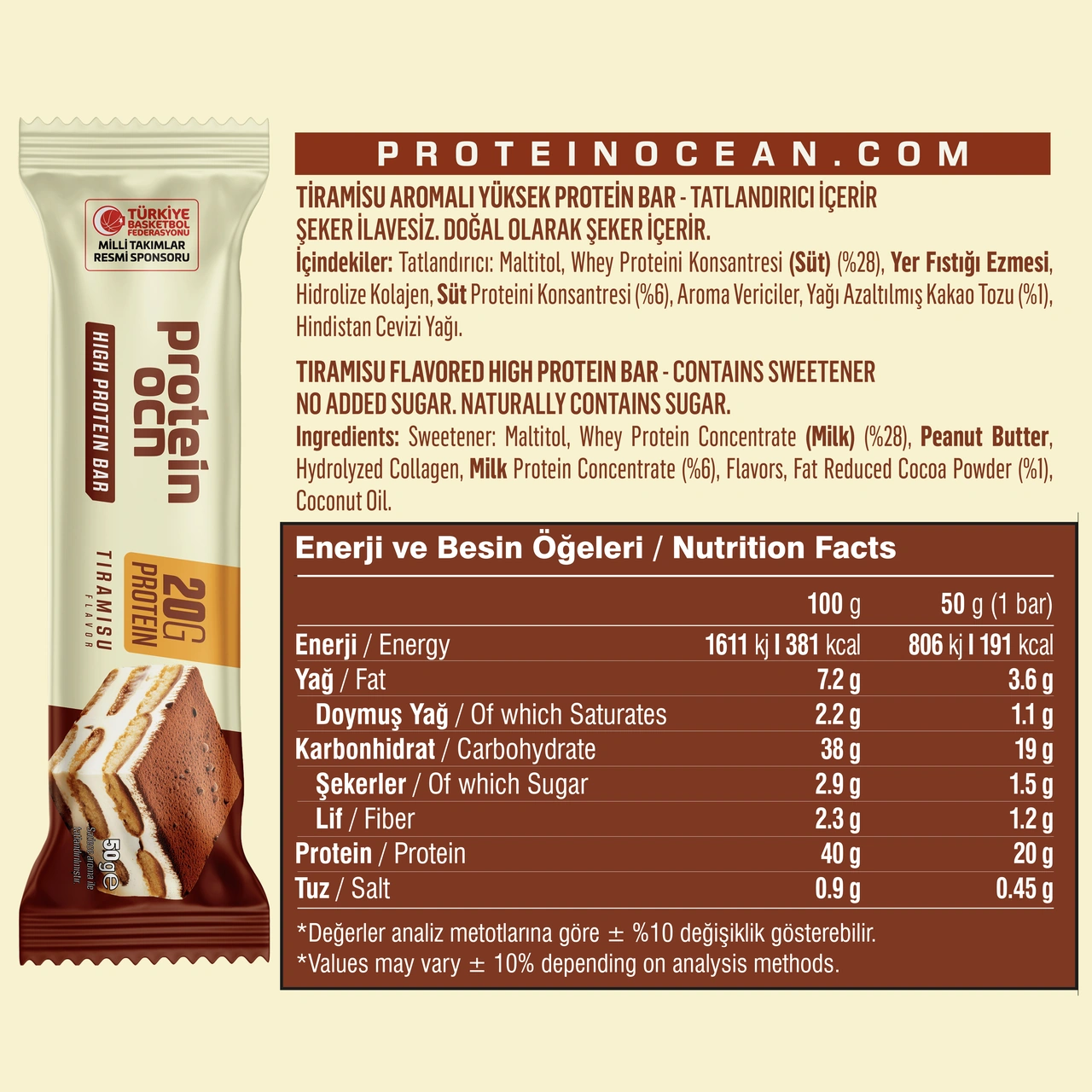 Proteinocean Protein Bar - Tiramisu Aromalı - 50 G x 8 Adet