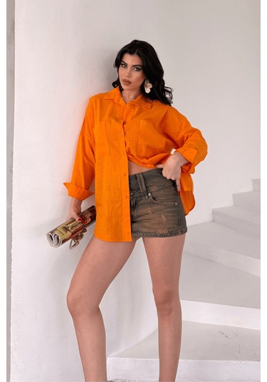 Paw Garage Kadın Harper Çift Cepli Oversize Keten Gömlek, 2025 Summer Collection Turuncu