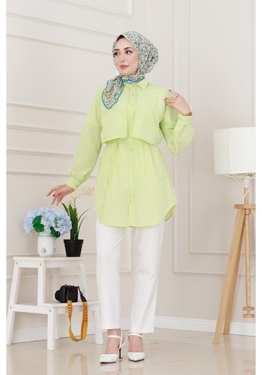 Sevitli Beli Bağcıklı Allerli Taşlı Tunik-sarı-5223 Sarı