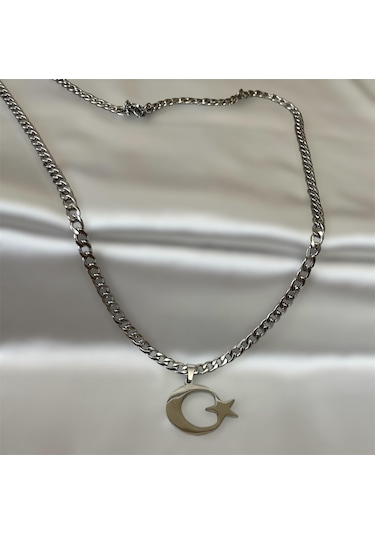 Ay Yıldız Türk Bayrağı Paslanmaz Çelik Kalın Zincirli Kolye 65cm Silver