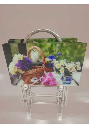 Liza Serisi Çanta Zigon, 4 Lü Katlanabilir Sehpa, Cam Sehpa, Çanta Sehpa Krom Ayak Papatya