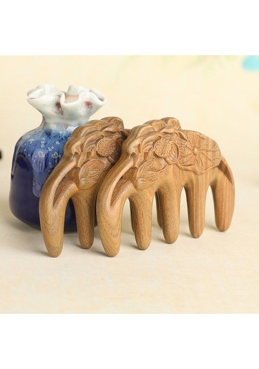 Sones Sandal Ağacı Oymalı Lotus Yaprağı Şeklinde El Yapımı Tarak Çok İşlevli Meridyen Masaj Kalınlaştırıcı Sağlık Tarak Masaj Tarağı