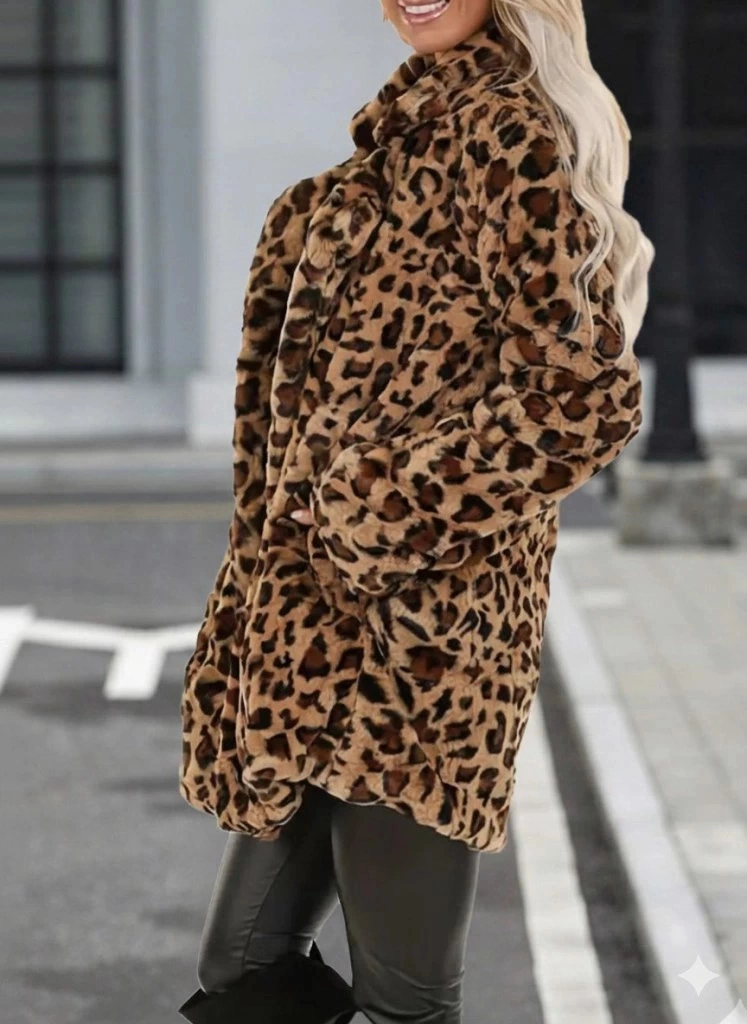 Kadın Uzun Kollu Yakalı Cepli Kısa Peluş Leopar Kaban Leopar