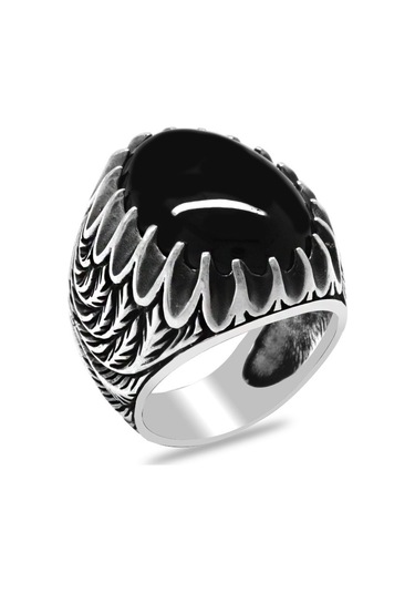 Buğday Detaylı Siyah Oniks Taşlı 925 Ayar Gümüş Erkek Yüzük