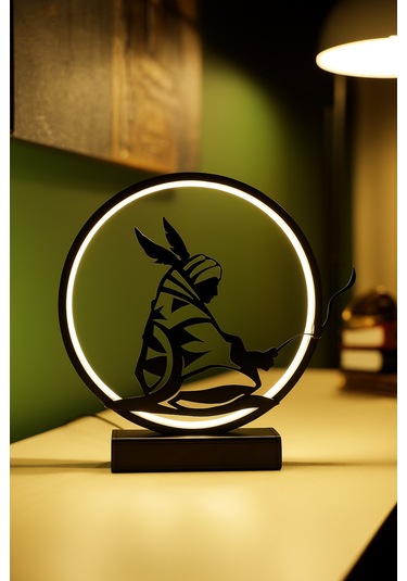 Kızılderili Figürlü Kablolu Metal Led Masa Lambası Dairesel Etnik Tasarım Gece Lambası Kızılderili