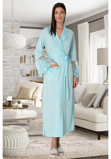 By Mecit Pijama Mecit 5342 Dantelli Turkuaz Hamile Lohusa Sabahlık