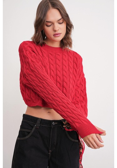 6863 Kadın Saç Örgülü Crop Triko Kazak Kırmızı Kırmızı