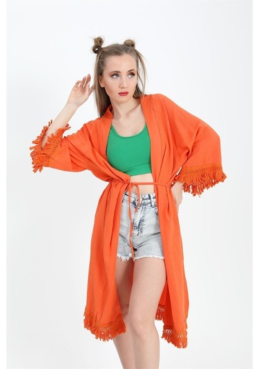 Kimono Palmiye Baskılı Püsküllü - Turuncu-turuncu Turuncu