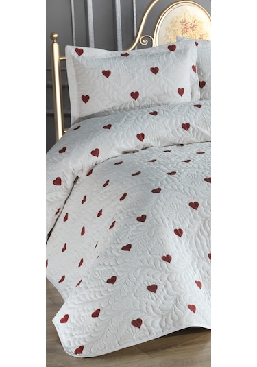 Love Çift Taraflı 3 Parça Çift Kişilik Yatak Örtüsü Beyaz