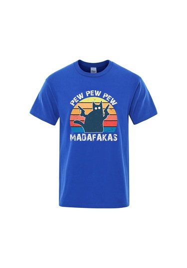 Teekossc Pew Pew Madafakas Erkek Kısa Kollu Komik Kedi T-shirt Vintage Yazlık Ekip Üstü Streetwear Chınamor Mor